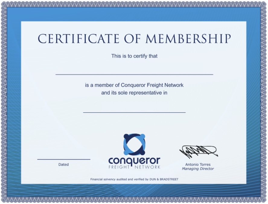 Conqueror Freight Network s membership certificate